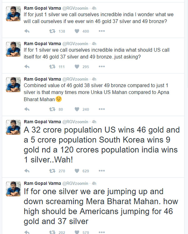 ram gopal varma,rio olympic 2016,rgv twits about rio olympic 2016,pv sindhu,rgv again controversy twits  మళ్ళీ ట్వీట్స్ మొదలెట్టాడయ్యో..!